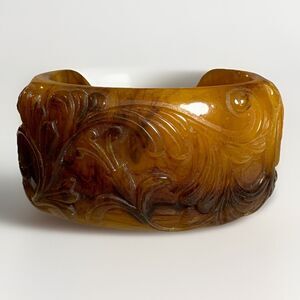 Vintage Carved Lucite Faux Amber Wide Cuff Bracelet Art Deco Style Floral Scroll